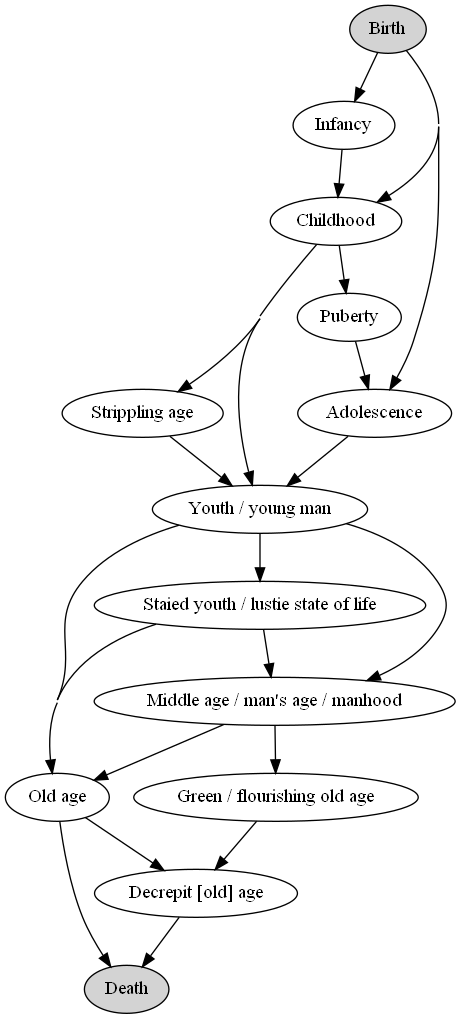 Diagram showing how the ages flow on from each other, with similar ages (e.g. "youth" and "young man") grouped together into a single blob on the diagram.